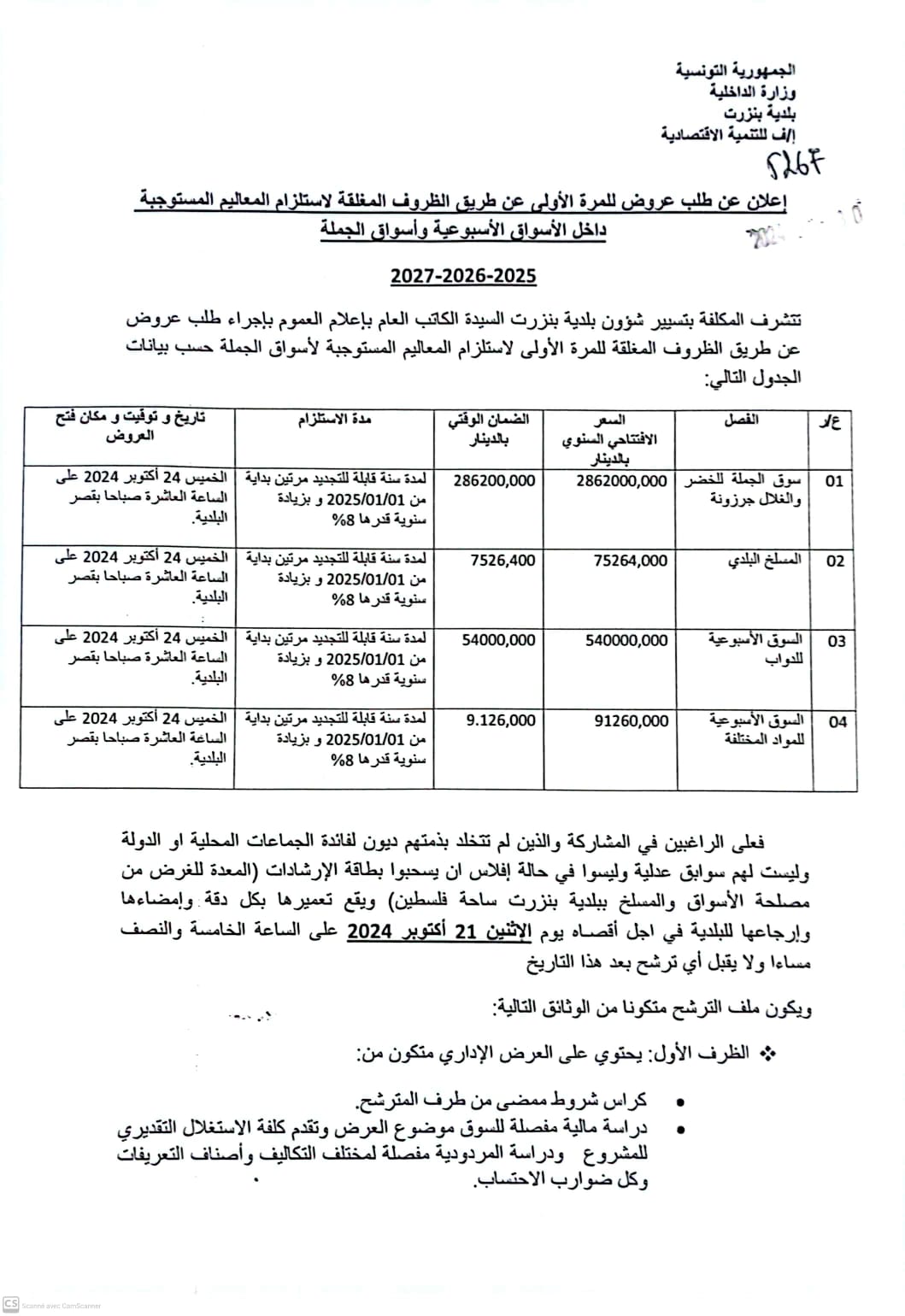 إعلان طلب عروض للمرة الأولى لاستلزام المعاليم المستوجبة داخل السوق الاسبوعية وسوق الجملة