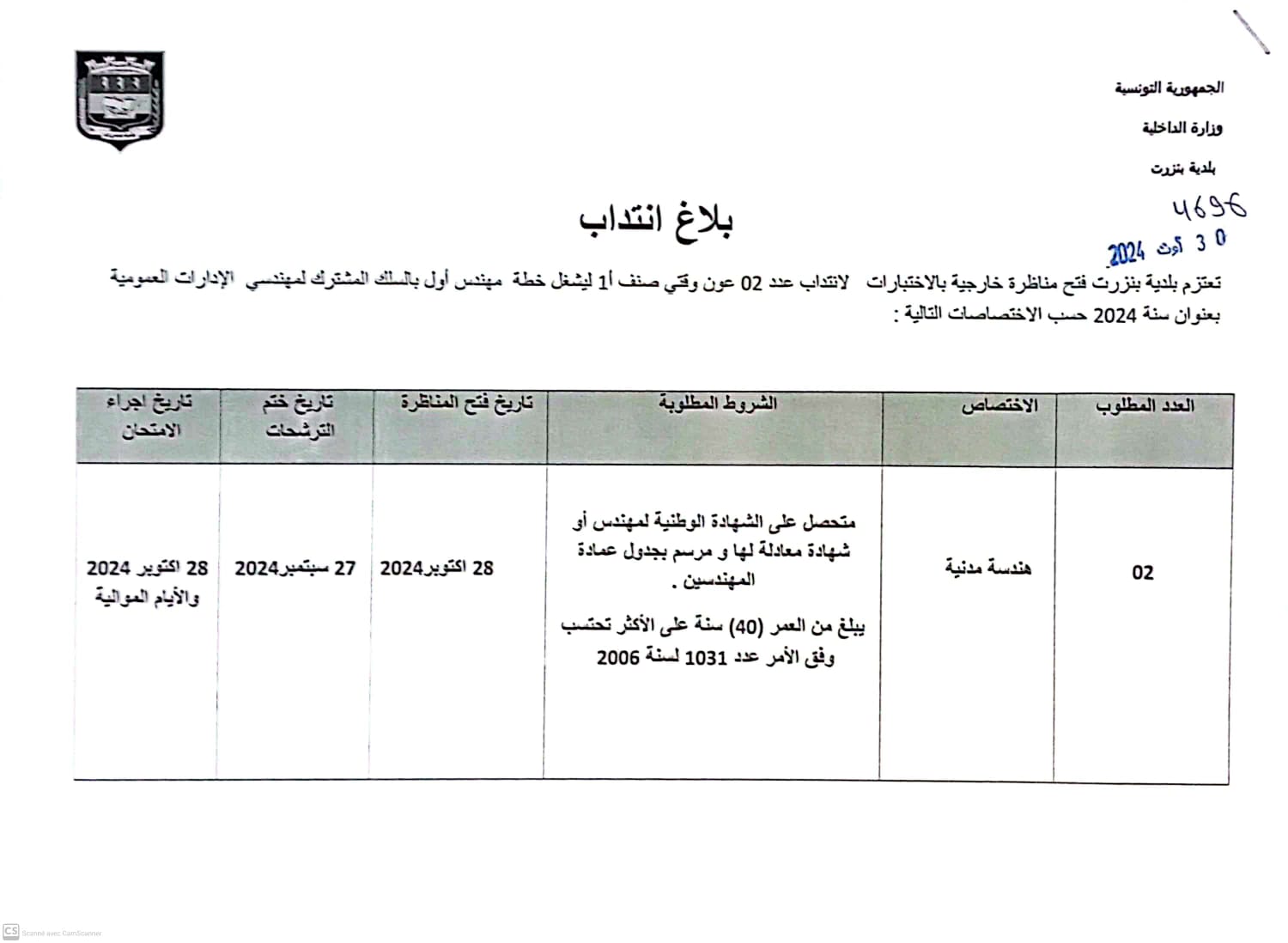 تعتزم بلدية بنزرت افتتاح مناظرة انتداب عدد 02 عون وقتي صنف أ ....